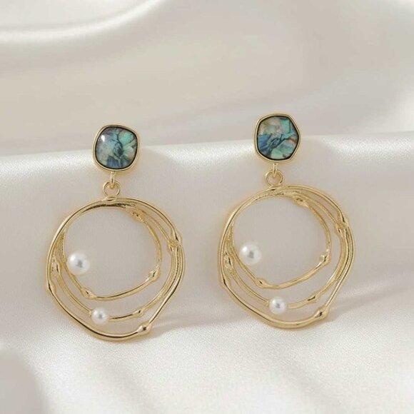 2/$21 Round Faux Abalone Pearl Dangle Earrings - Picture 3 of 11